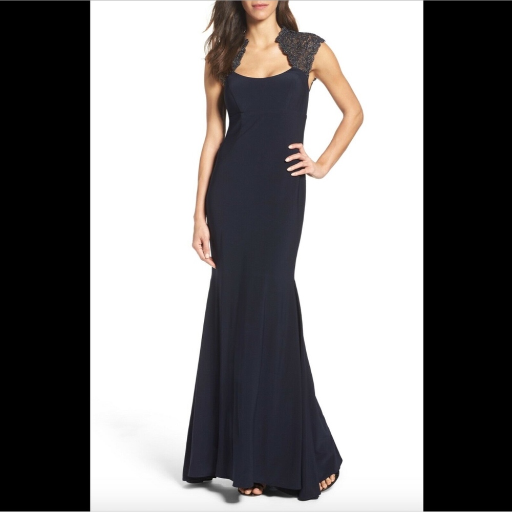 NWT $228 XSCAPE Lace Inset‎ Mermaid Gown Navy Blue